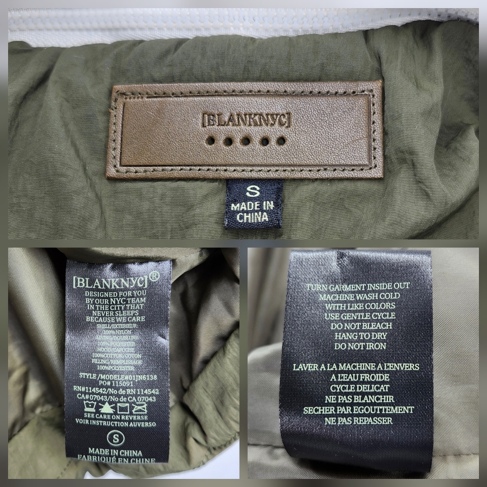 Blank NYC Fair Shake Olive Green Puffer Jacket White Cotton Removeable Hoodie - Picture 14 of 14